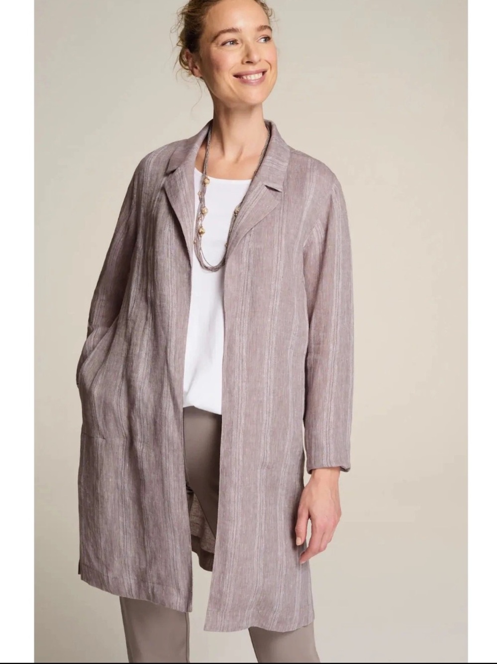 J. Jill Linen Stripe Duster Jacket XLarge Petite Driftwood Gray White Shacket